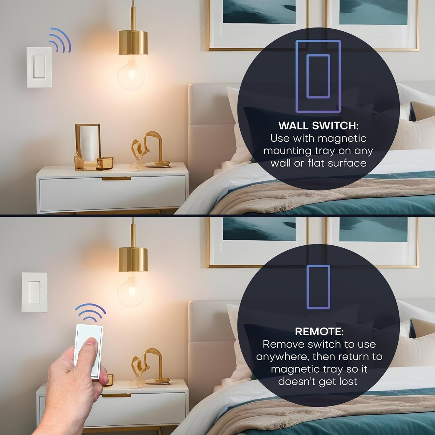 Single Pole Detachable Battery-Free Wireless Light Switch Kit 150ft RF Range, 1 Removable Magnetic Remote, White
