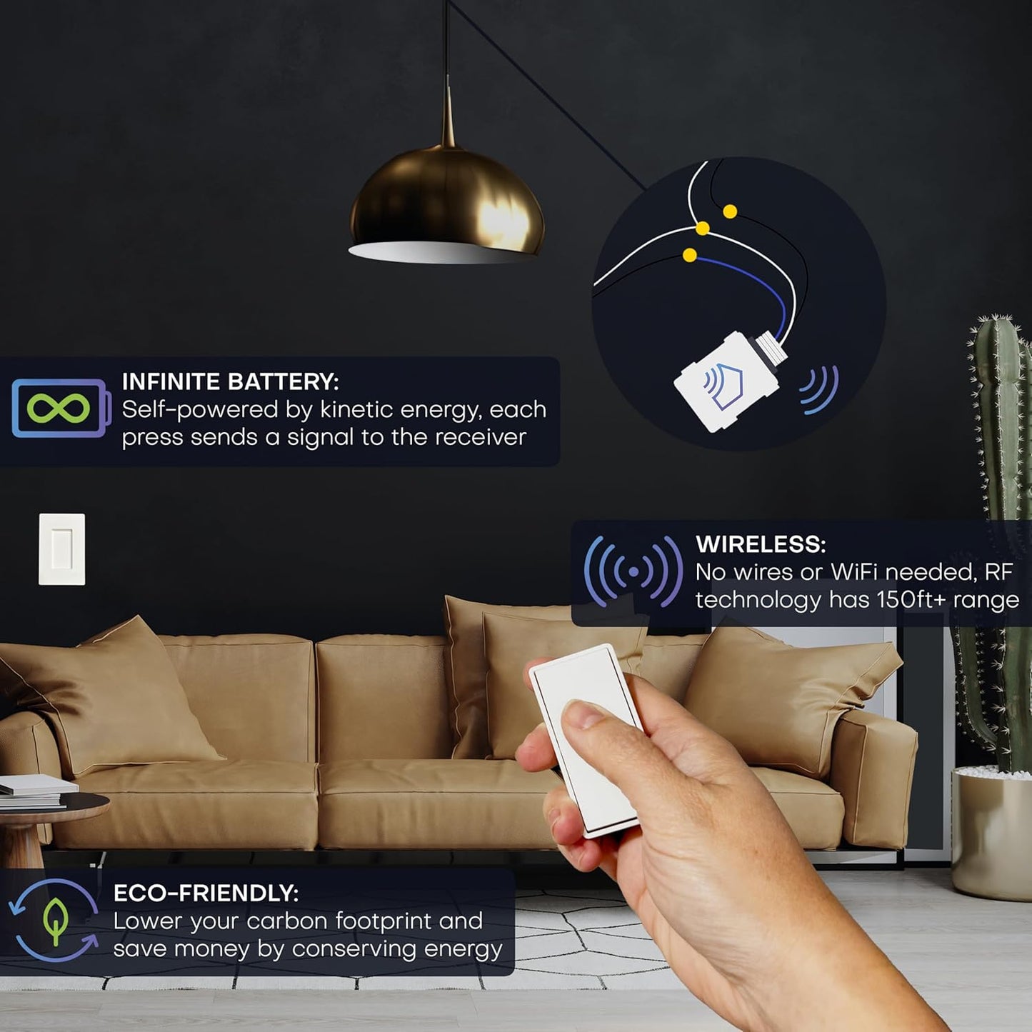 Single Pole Detachable Battery-Free Wireless Light Switch Kit 150ft RF Range, 1 Removable Magnetic Remote, White