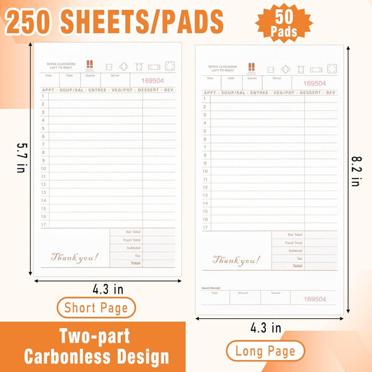 12500 Sheets Guest Checks Books Bulk 50 Pack Server Note Pads 2 Part Carbonless Guest Check Pads 8.2'' x 4.3''