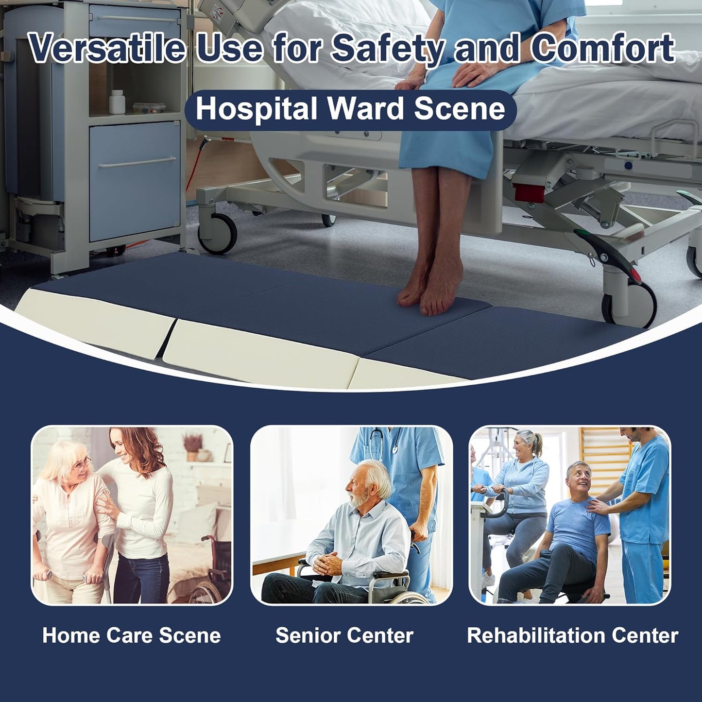 3-Inch Thick Fall Mat for Elderly, Waterproof Tri-Fold Bedside Safety Mat with Glow-in-The-Dark Strips, Anti-Slip