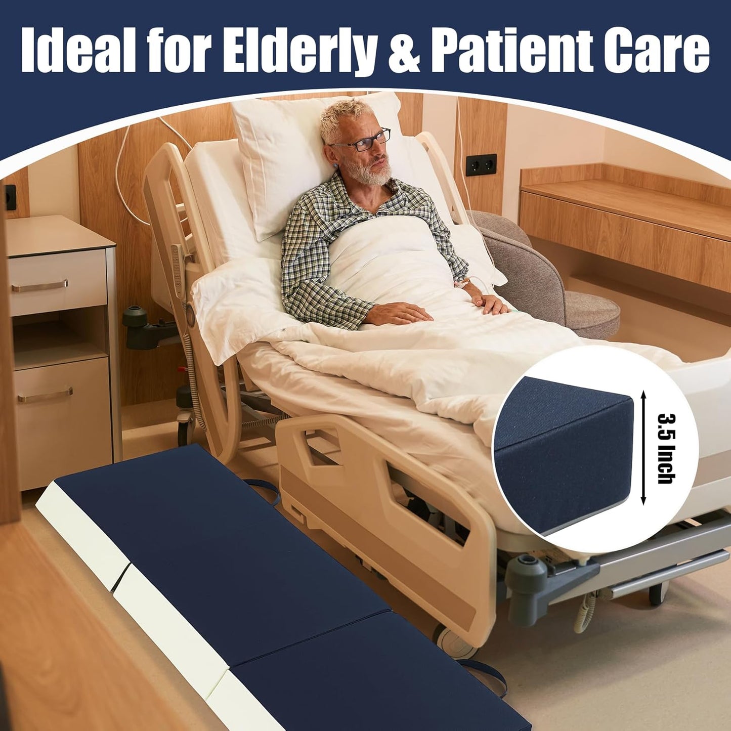 3-Inch Thick Fall Mat for Elderly, Waterproof Tri-Fold Bedside Safety Mat with Glow-in-The-Dark Strips, Anti-Slip