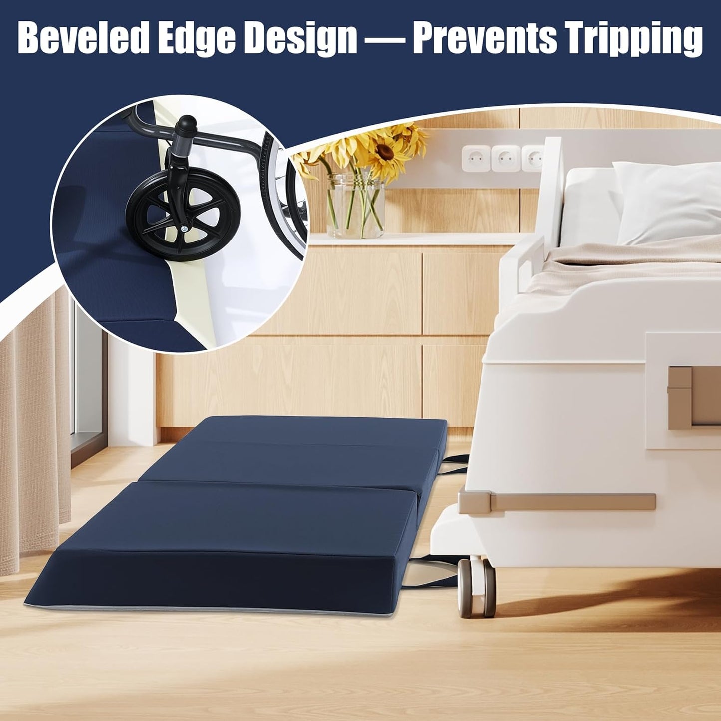 3-Inch Thick Fall Mat for Elderly, Waterproof Tri-Fold Bedside Safety Mat with Glow-in-The-Dark Strips, Anti-Slip