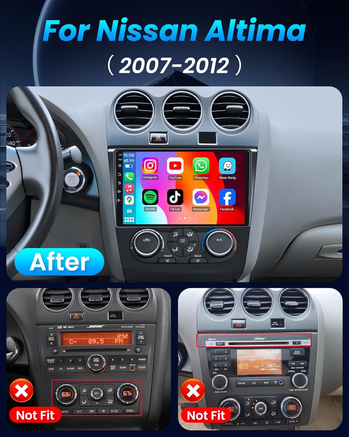 Car Radio Stereo for Nissan Altima 2007-2012: 9 Inch Touchscreen with Carplay Android, Backup Cam