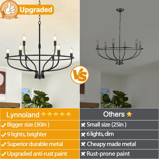 30' Black Chandelier, 9-Light Modern Farmhouse, E12(Bulbs Not Included)