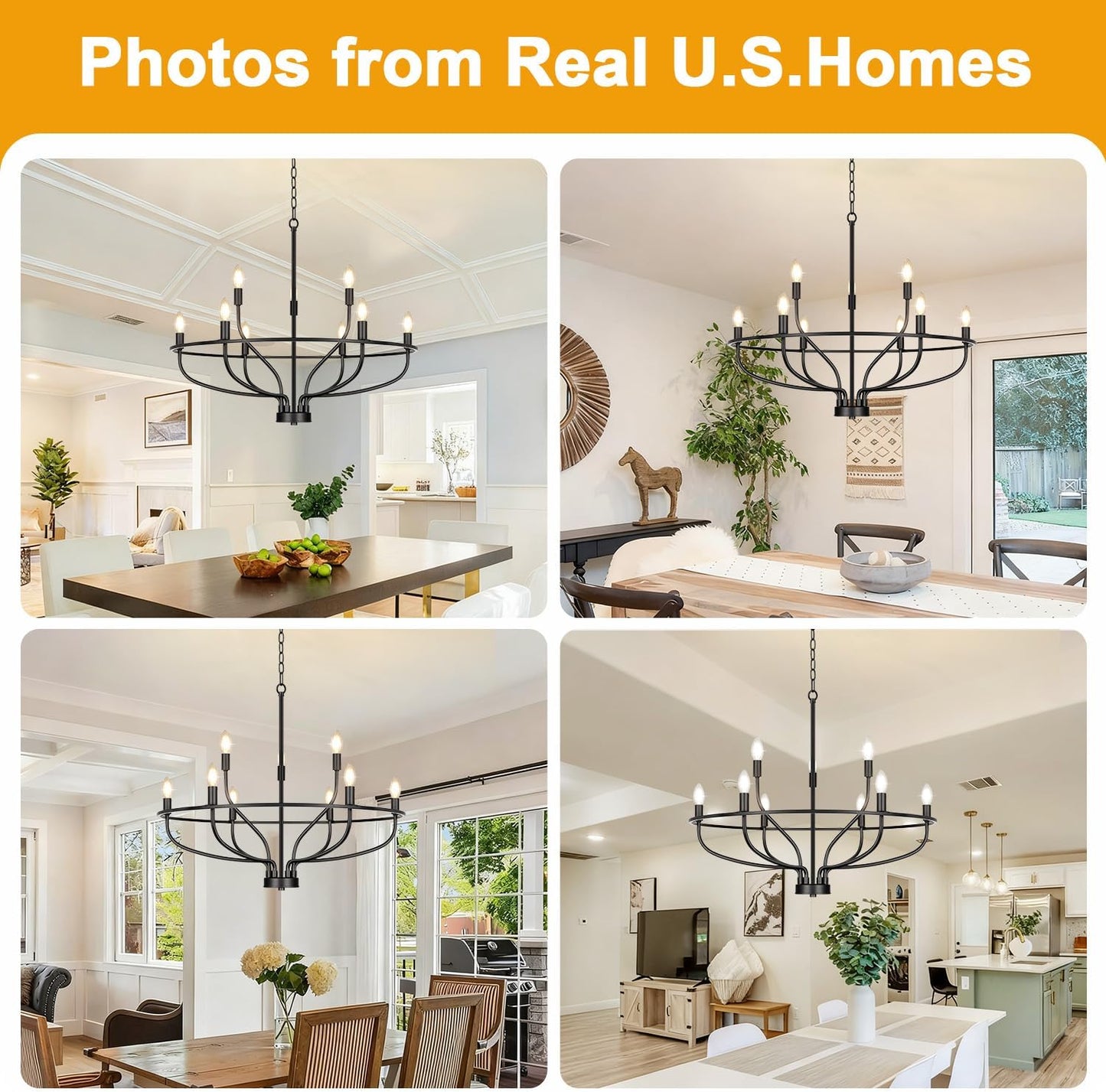 30' Black Chandelier, 9-Light Modern Farmhouse, E12(Bulbs Not Included)
