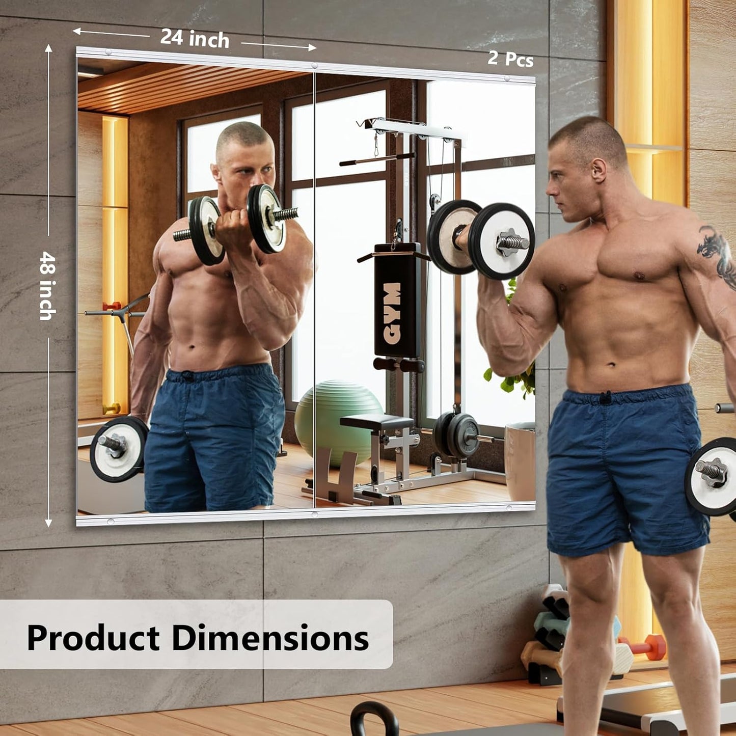Home Gym Mirror,2 Pack Large 48x24 Inch Frameless Tempered Glass Wall Mirror, Full Body Workout