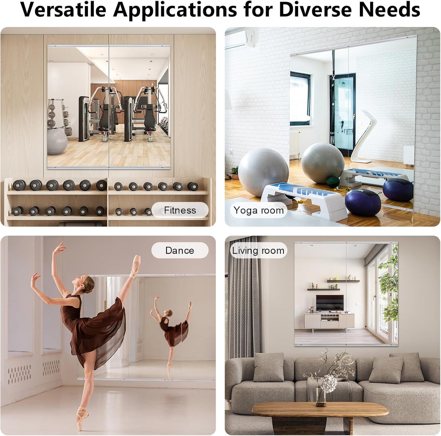 Home Gym Mirror,2 Pack Large 48x24 Inch Frameless Tempered Glass Wall Mirror, Full Body Workout