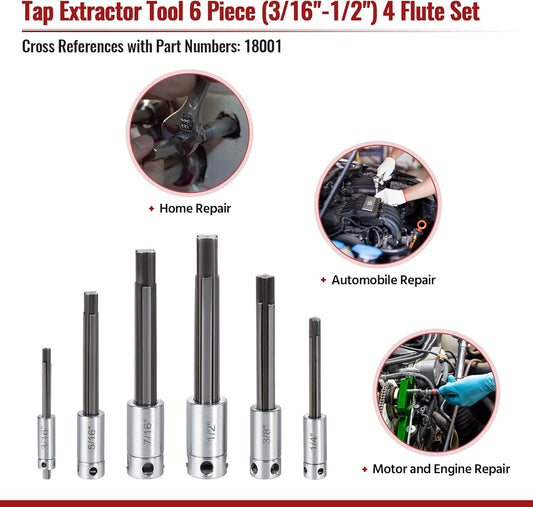 18001 Tap Extractor Tool 6 Piece (3/16'-1/2') 4 Flute Set Broken Thread Tap Manual Remover, with 24 Spare Fingers