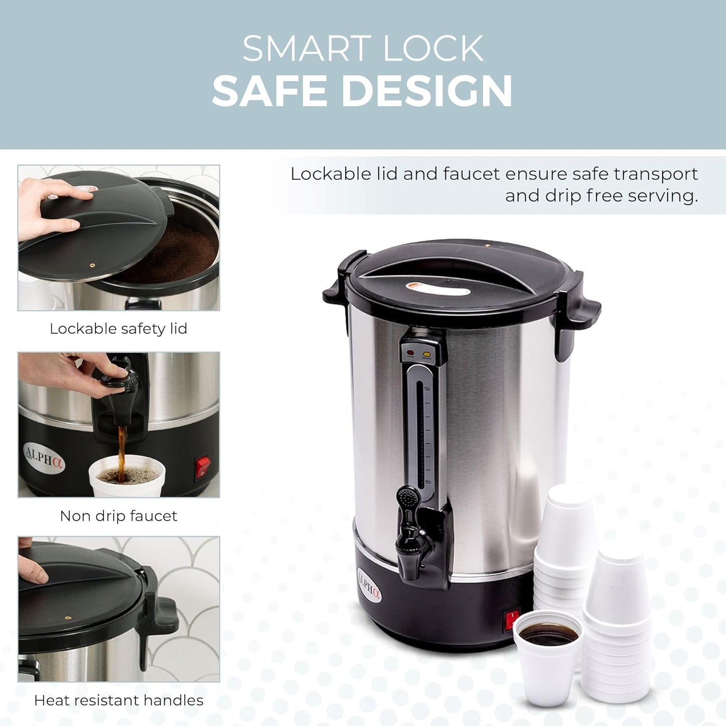 100 Cups Electric Coffee Urn – Stainless Steel Large Capacity Electric Kettle Percolator Coffee Pot