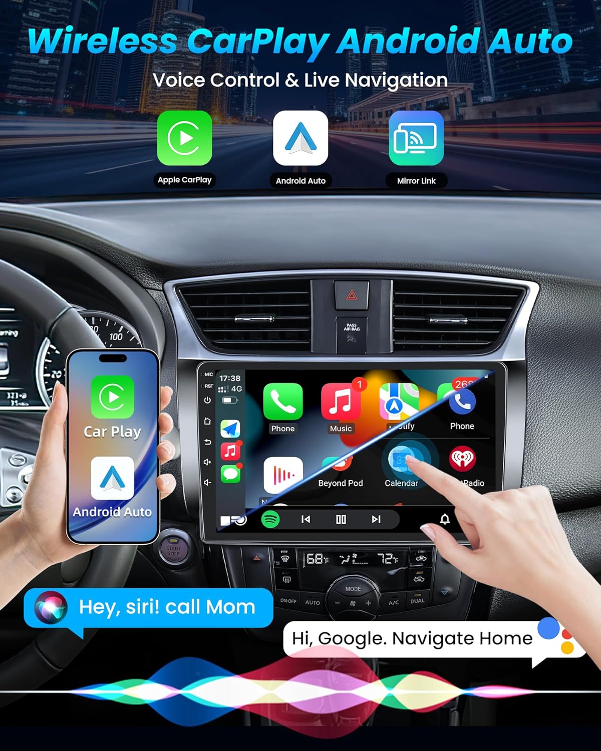 Car Radio Stereo for Nissan Sentra 2013-2017: 10 Inch 1280 * 800 HD Touchscreen, Wireless Carplay & Android