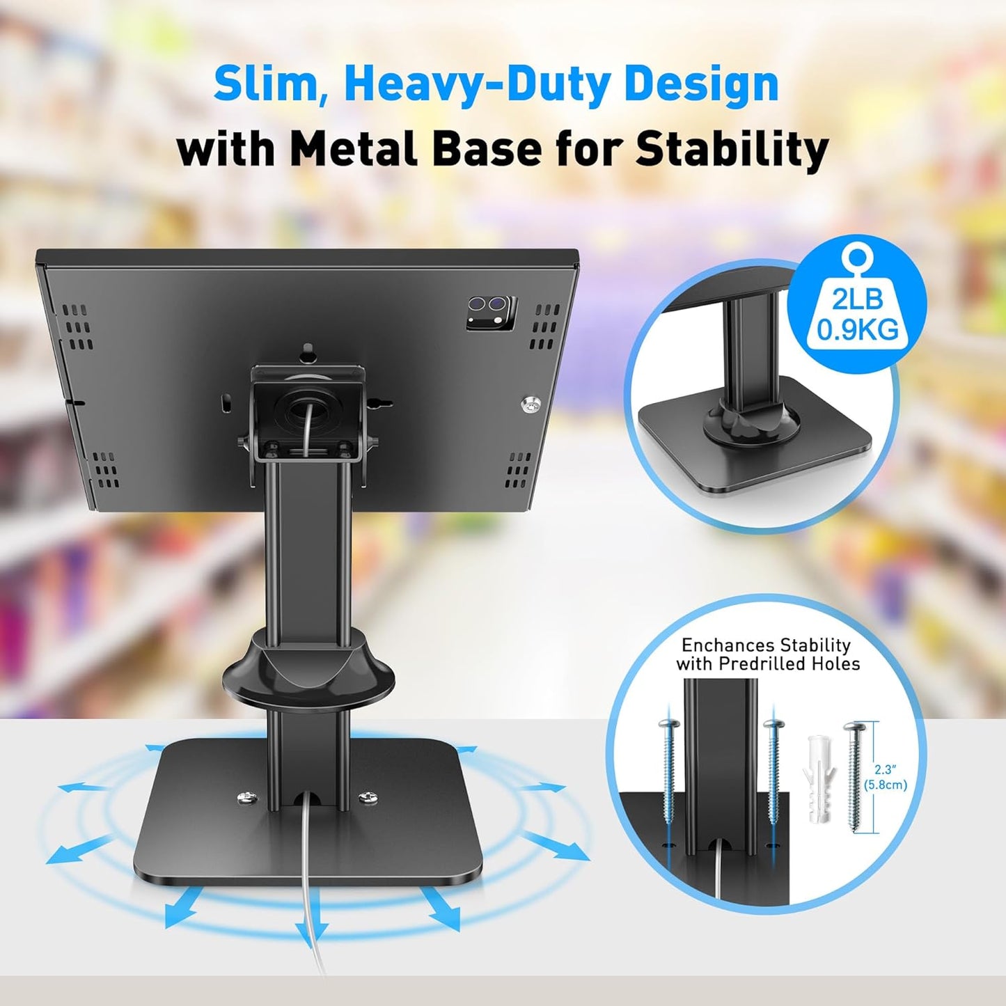 Anti-Theft iPad Kiosk Stand – POS iPad Security Stand – Heavy Duty Base, 360° Swivel, 75° Tilt Bracket, Black