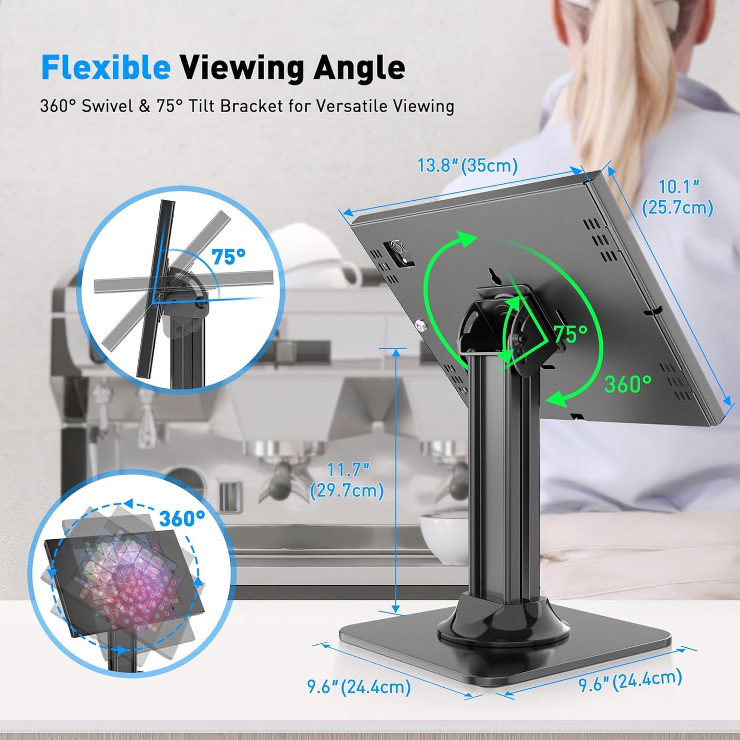 Anti-Theft iPad Kiosk Stand – POS iPad Security Stand – Heavy Duty Base, 360° Swivel, 75° Tilt Bracket, Black