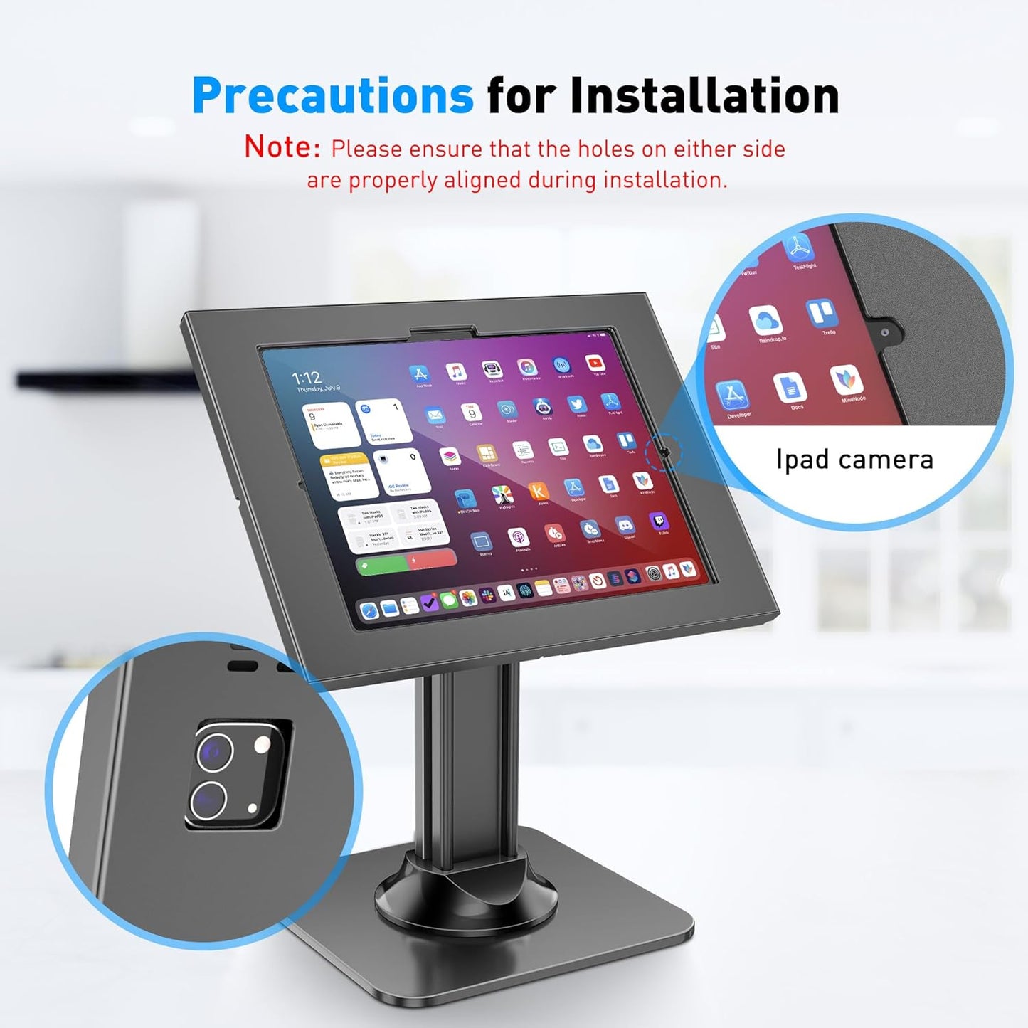 Anti-Theft iPad Kiosk Stand – POS iPad Security Stand – Heavy Duty Base, 360° Swivel, 75° Tilt Bracket, Black