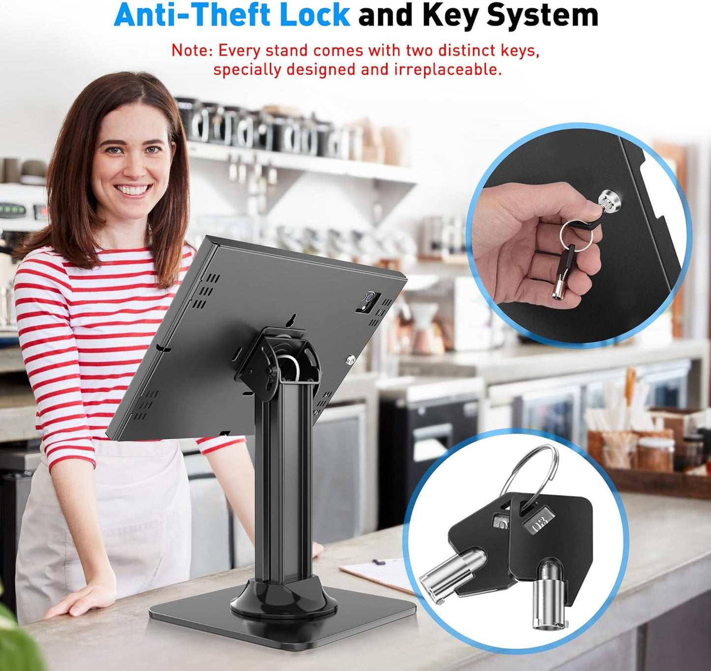 Anti-Theft iPad Kiosk Stand – POS iPad Security Stand – Heavy Duty Base, 360° Swivel, 75° Tilt Bracket, Black