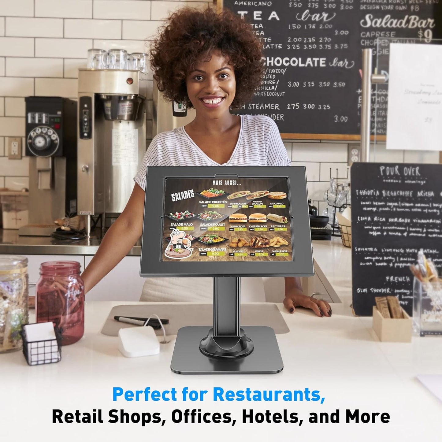 Anti-Theft iPad Kiosk Stand – POS iPad Security Stand – Heavy Duty Base, 360° Swivel, 75° Tilt Bracket, Black