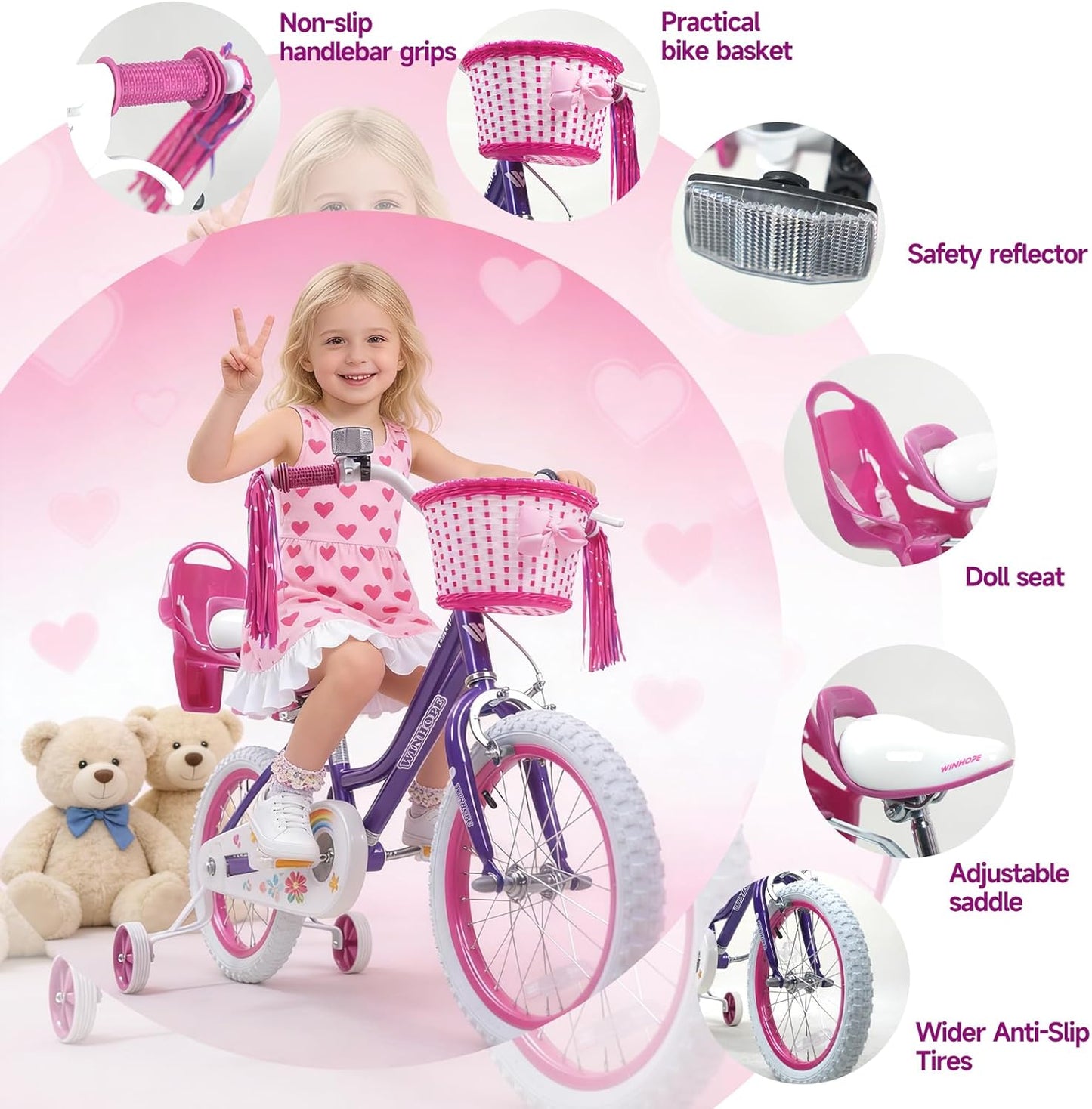 Girls Bike, 12-18 Inch Children's Bicycle for 2-9 Years Old, Beginner Kids Bike with Training Wheels, Doll Seat & Basket