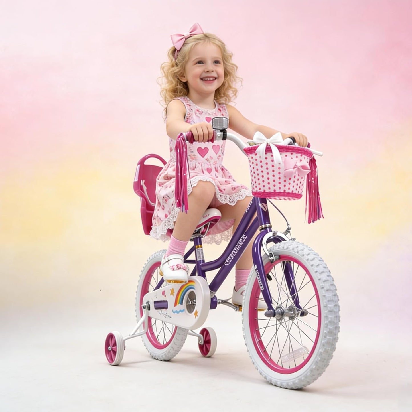 Girls Bike, 12-18 Inch Children's Bicycle for 2-9 Years Old, Beginner Kids Bike with Training Wheels, Doll Seat & Basket