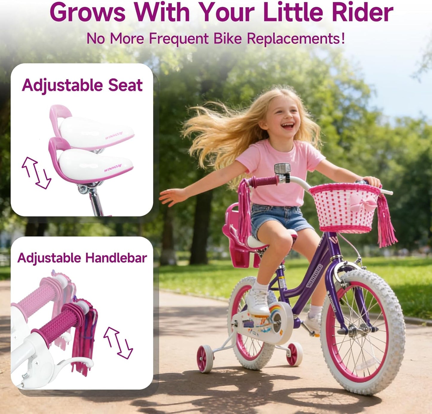 Girls Bike, 12-18 Inch Children's Bicycle for 2-9 Years Old, Beginner Kids Bike with Training Wheels, Doll Seat & Basket