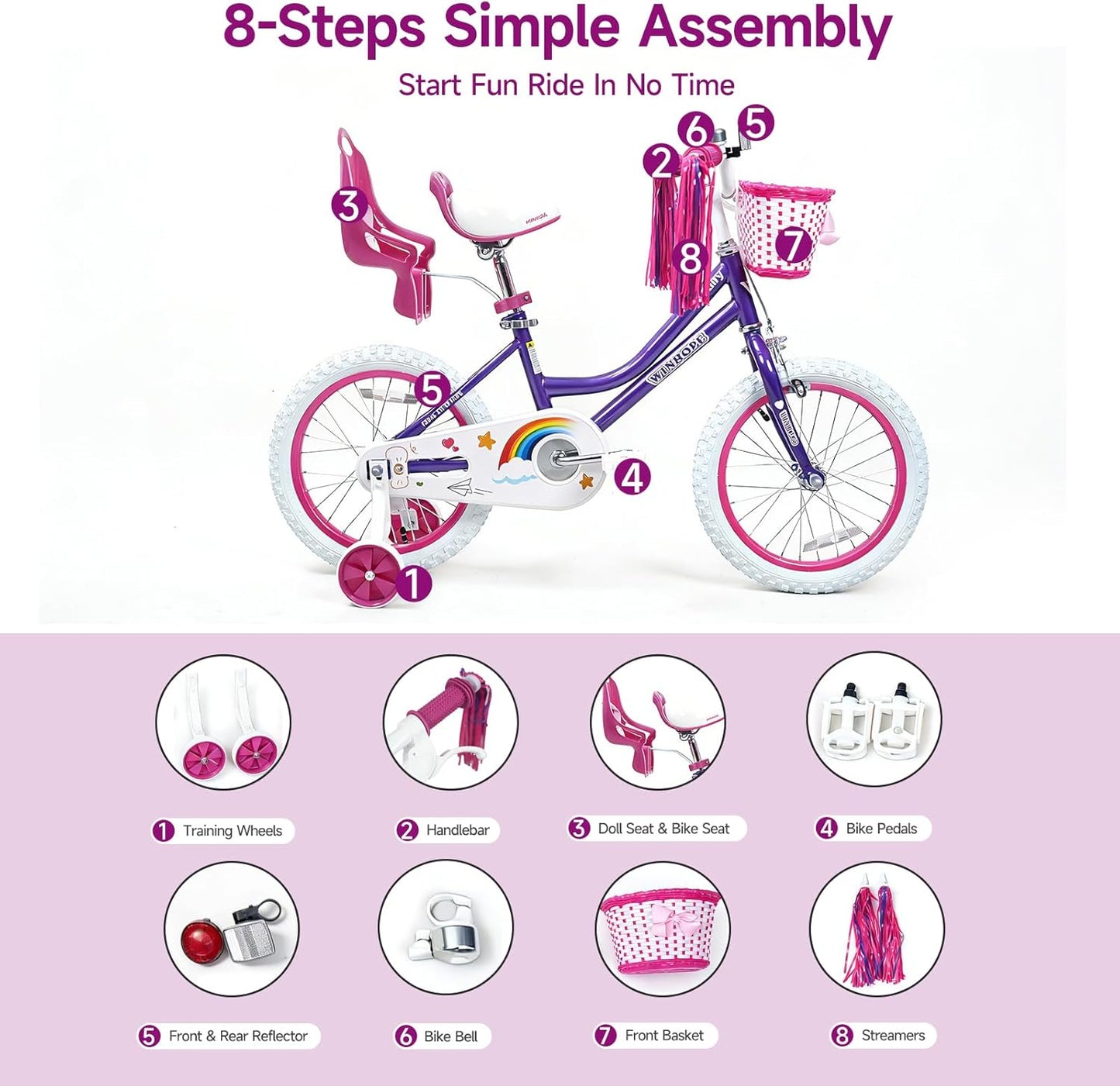 Girls Bike, 12-18 Inch Children's Bicycle for 2-9 Years Old, Beginner Kids Bike with Training Wheels, Doll Seat & Basket