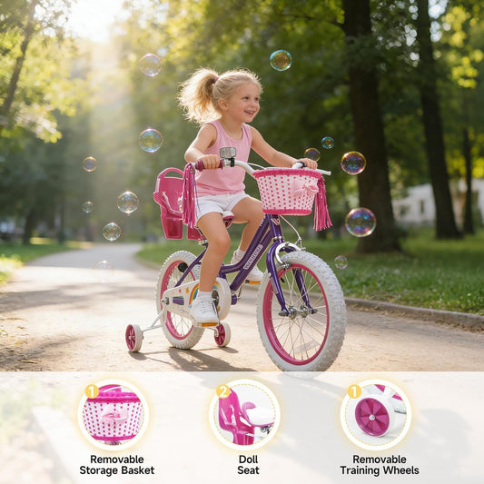 Girls Bike, 12-18 Inch Children's Bicycle for 2-9 Years Old, Beginner Kids Bike with Training Wheels, Doll Seat & Basket