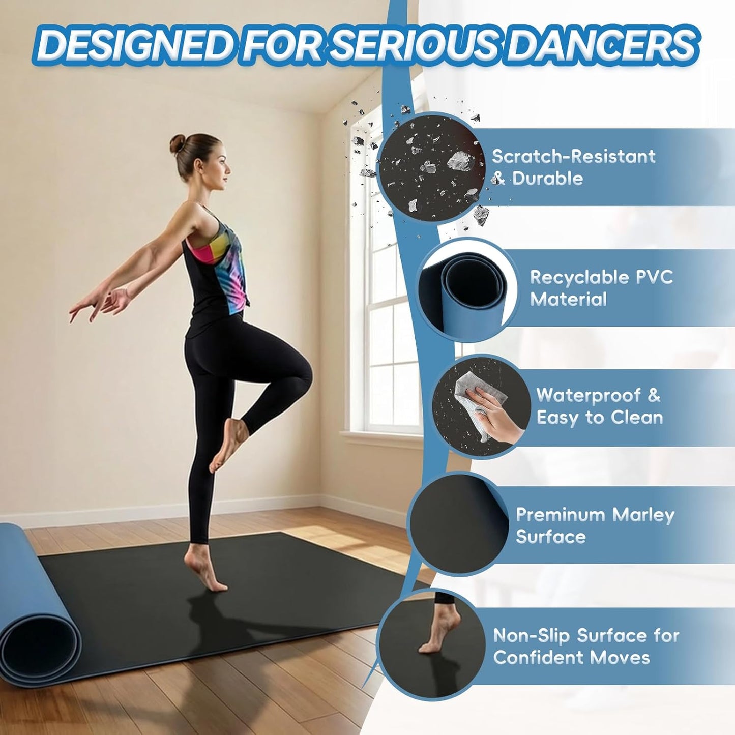 Marley Dance Floor 6.6' x 3.9' Roll-Out Dance Floor Mat for Home Studio, Ballet Floor for Barre, Tap, Jazz