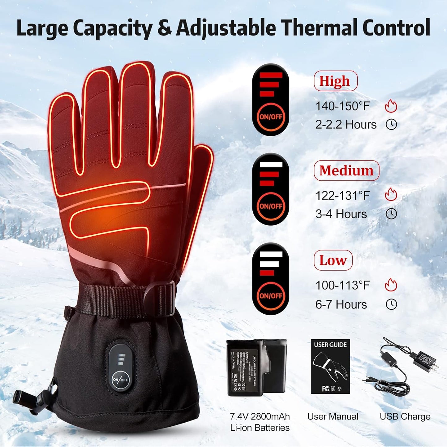 Heated Gloves for Men Women Rechargeable, Waterproof Battery Winter Electric Warming Ski Gloves