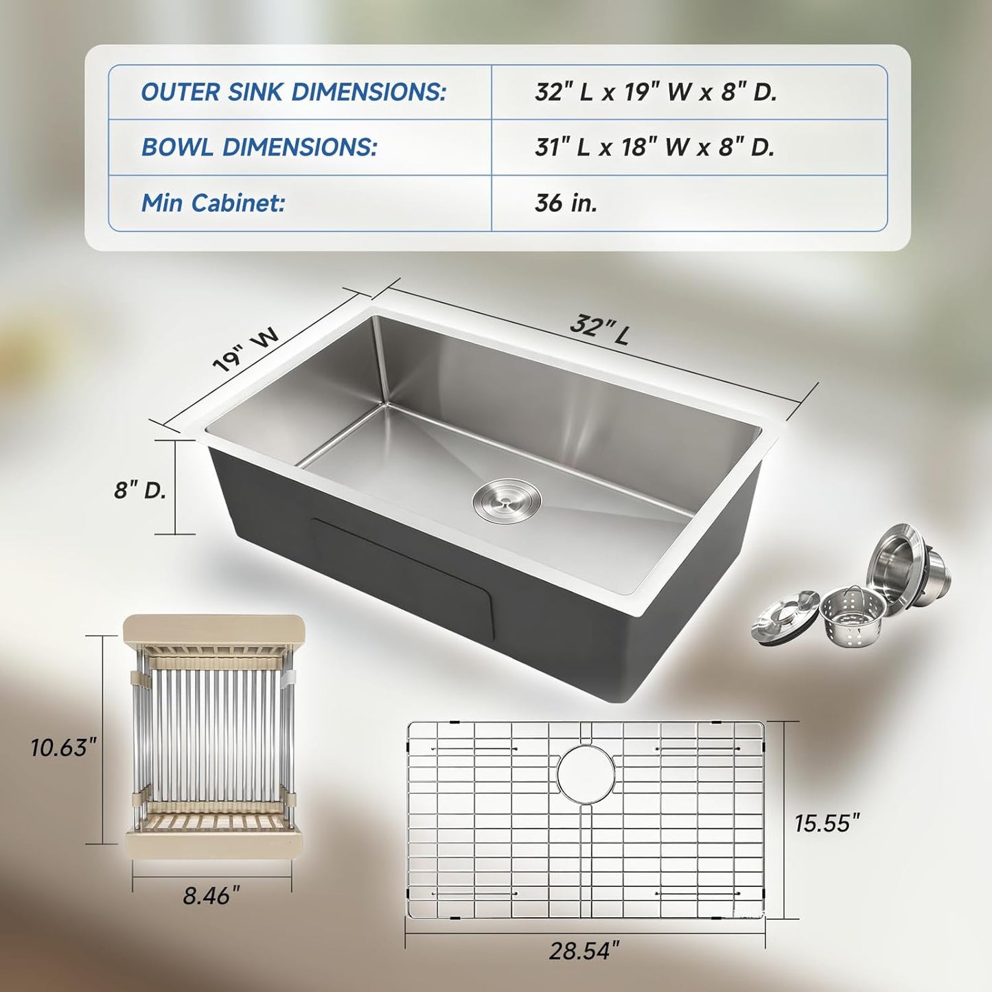 32 Inch Undermount Kitchen Sink, 32x19x8 inch Single Bowl Stainless Steel Handmade 16 Gauge Under Counter