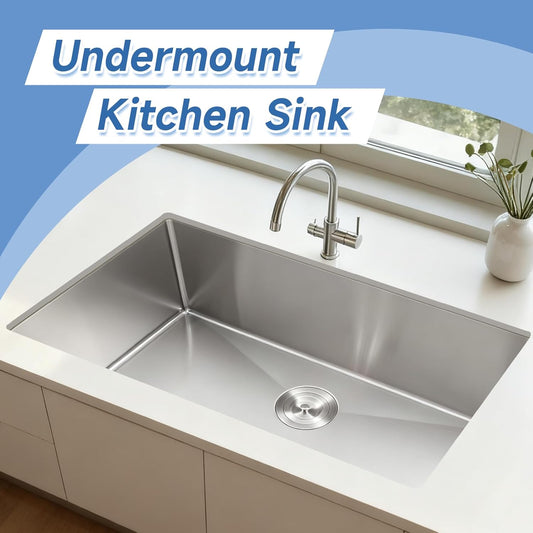 32 Inch Undermount Kitchen Sink, 32x19x8 inch Single Bowl Stainless Steel Handmade 16 Gauge Under Counter