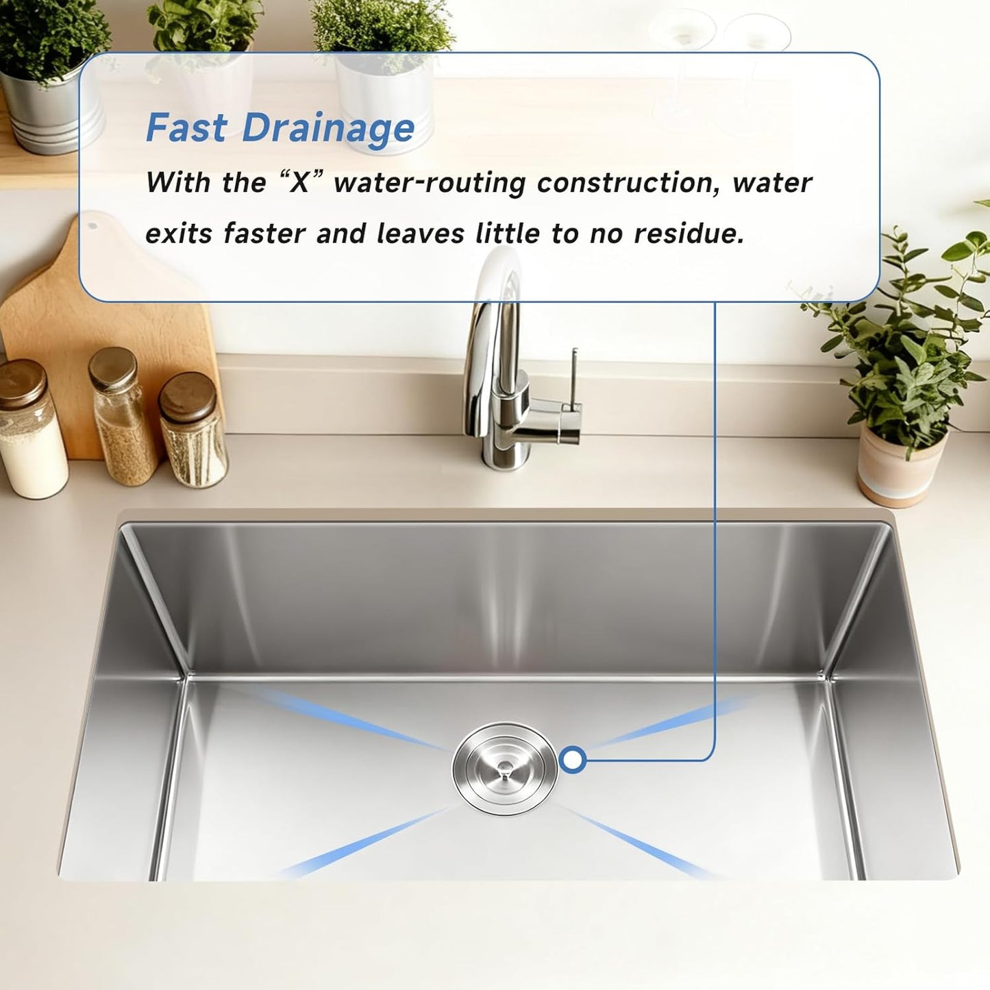 32 Inch Undermount Kitchen Sink, 32x19x8 inch Single Bowl Stainless Steel Handmade 16 Gauge Under Counter