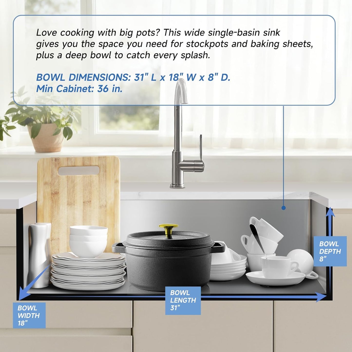 32 Inch Undermount Kitchen Sink, 32x19x8 inch Single Bowl Stainless Steel Handmade 16 Gauge Under Counter