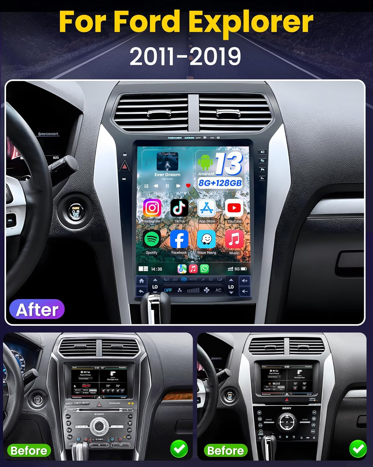 Car Stereo for Ford Explorer 2011-2019 - with 12.1inch Android 8+128G Wireless CarPlay Android