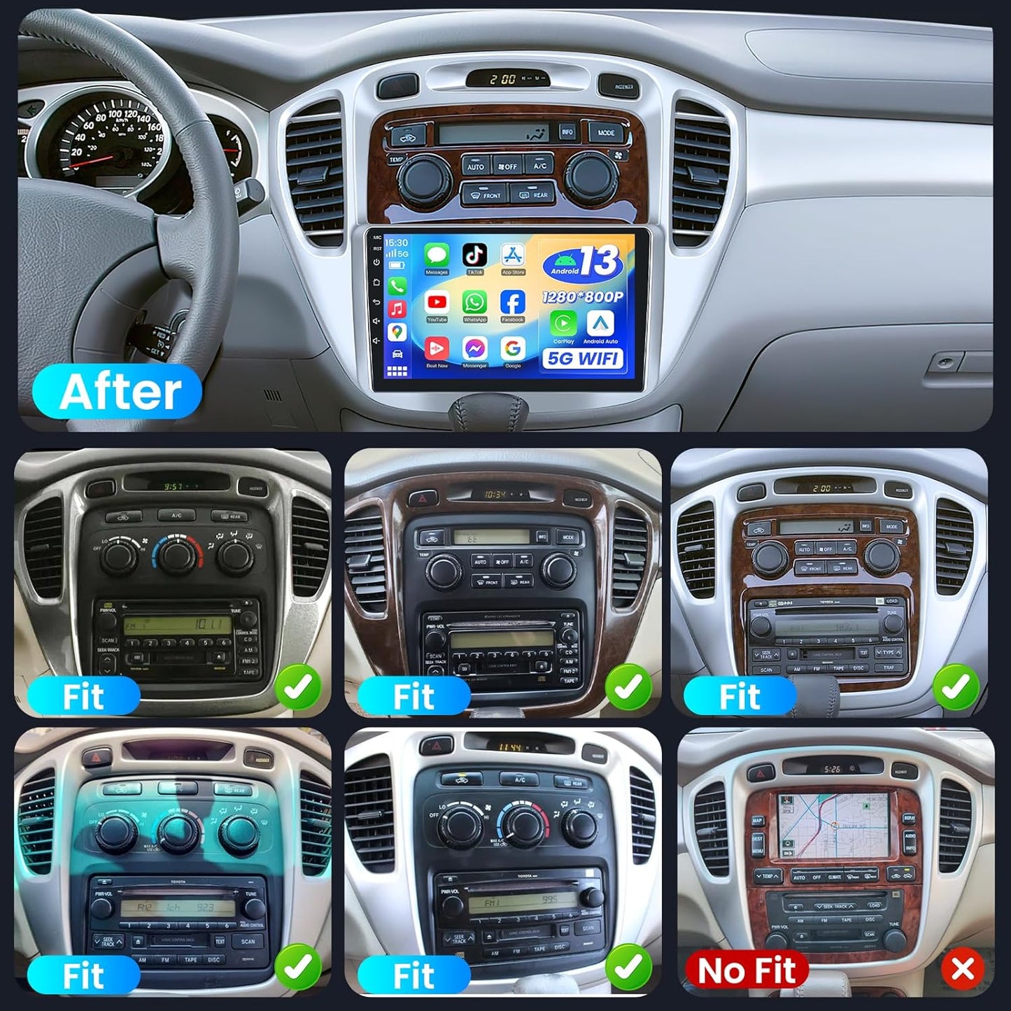 Car Radio Stereo for Toyota Highlander 2001-2007: Wireless Carplay / Android, 9 Inch IPS Touchscreen, Backup Cam