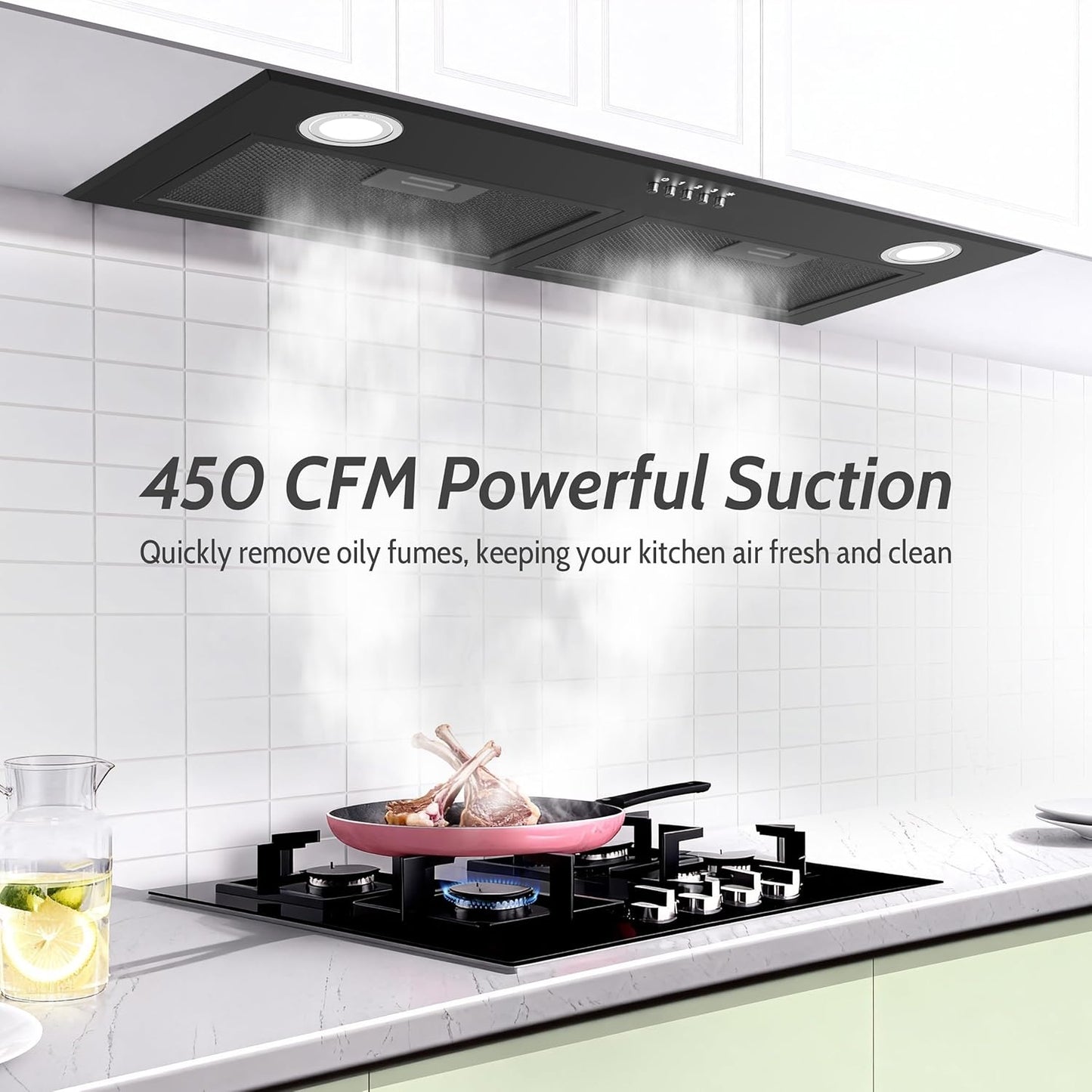 Black Range Hood 28', Built-in Kitchen Vent Hood w/ 450 CFM, 3 Speed Exhaust Fan, 2 LED Lights & Button Control