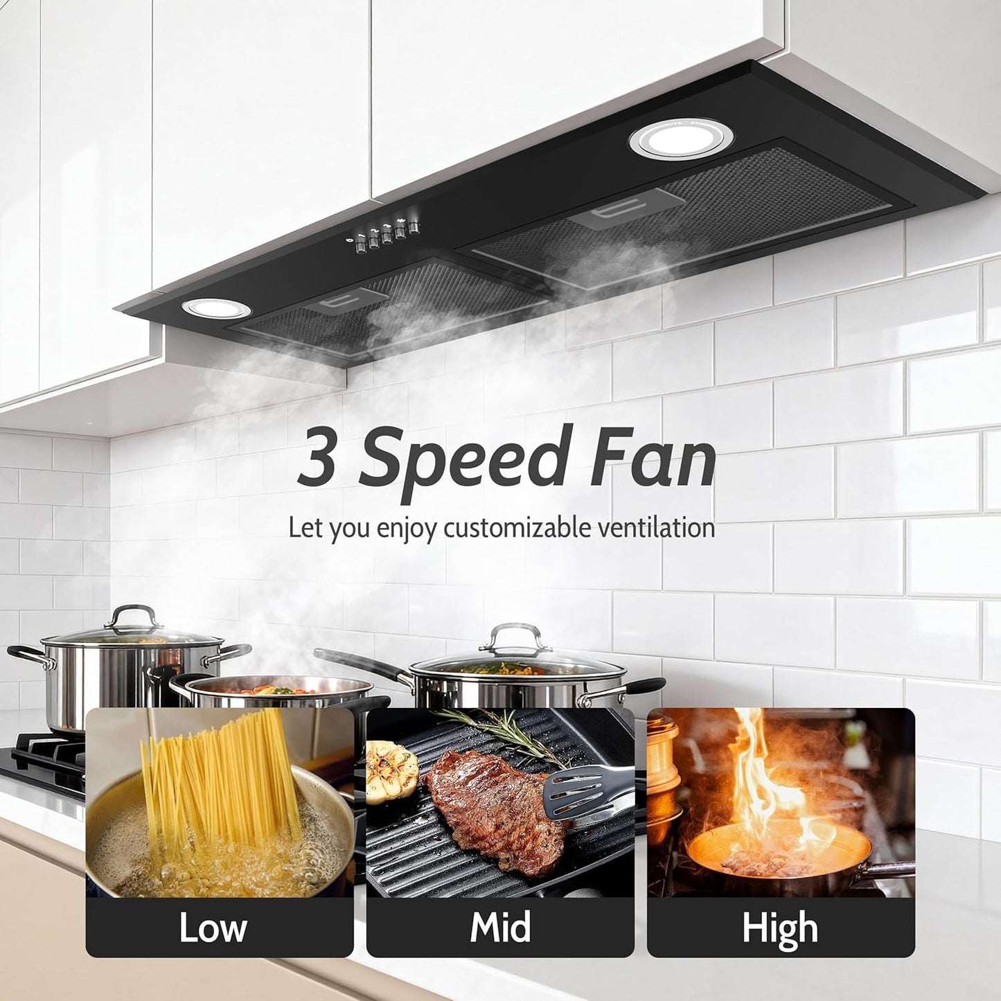 Black Range Hood 28', Built-in Kitchen Vent Hood w/ 450 CFM, 3 Speed Exhaust Fan, 2 LED Lights & Button Control