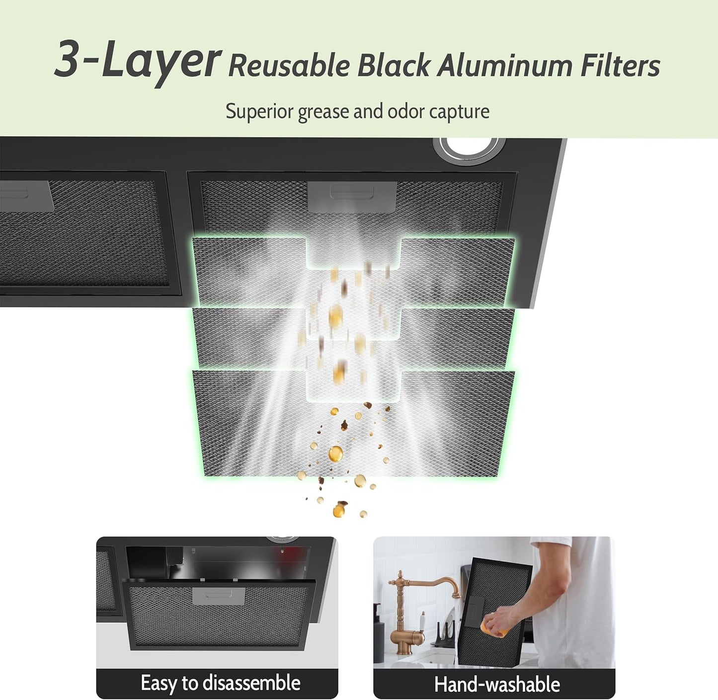 Black Range Hood 28', Built-in Kitchen Vent Hood w/ 450 CFM, 3 Speed Exhaust Fan, 2 LED Lights & Button Control
