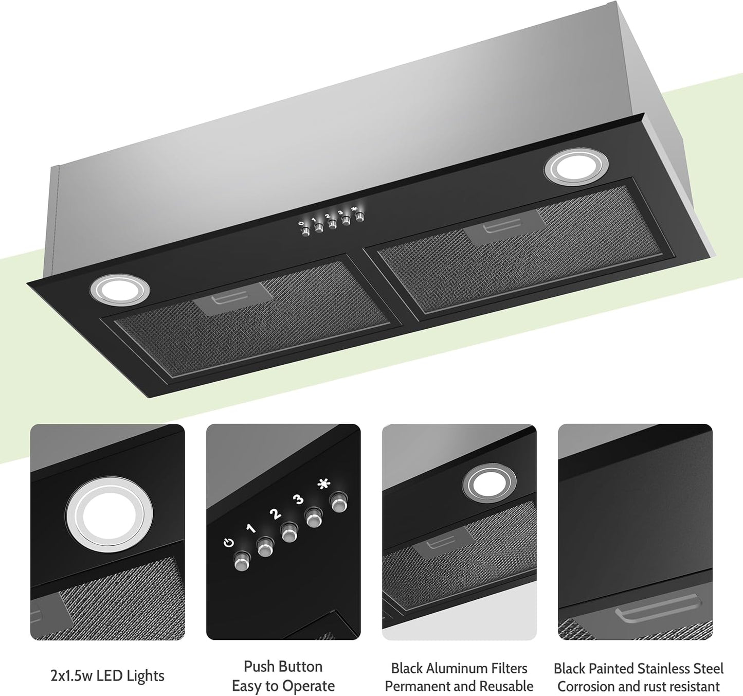 Black Range Hood 28', Built-in Kitchen Vent Hood w/ 450 CFM, 3 Speed Exhaust Fan, 2 LED Lights & Button Control
