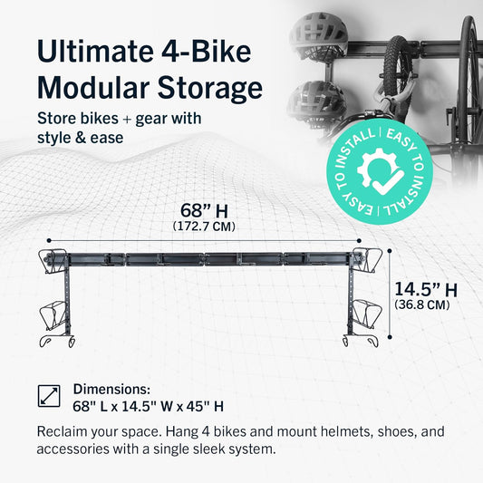 BLAT Modular Wall Bike Rack - Adjustable Bike Wall Mount System, Holds Up to 4 Bikes, Black