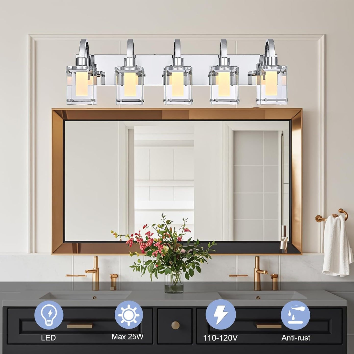 Chrome 5-Light Vanity Light, Modern Bathroom Light Fixtures Wall Sconce
