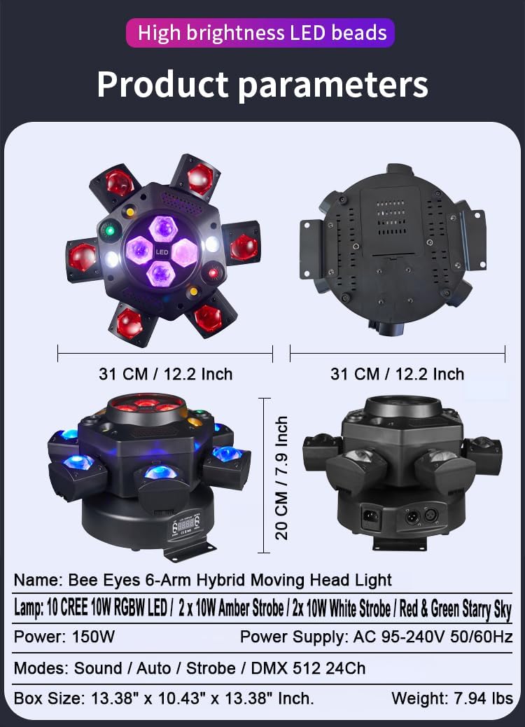 Flashback Events 6-Arm 150W RGBW Bee-Eye Spider DJ Moving Head Light, LED Stage Lighting wDMX512
