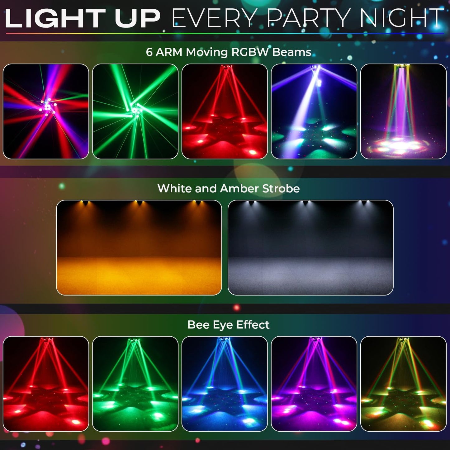 Flashback Events 6-Arm 150W RGBW Bee-Eye Spider DJ Moving Head Light, LED Stage Lighting wDMX512