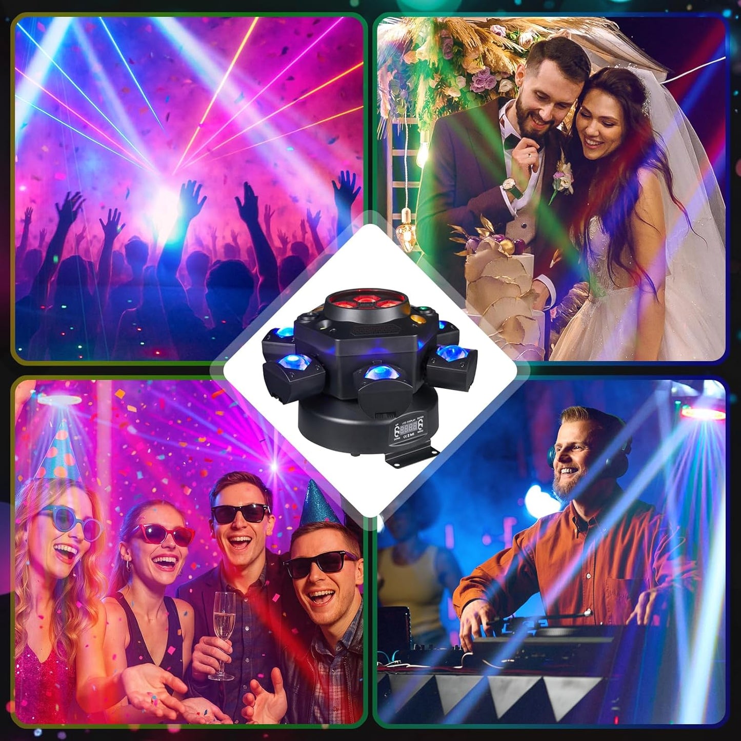 Flashback Events 6-Arm 150W RGBW Bee-Eye Spider DJ Moving Head Light, LED Stage Lighting wDMX512