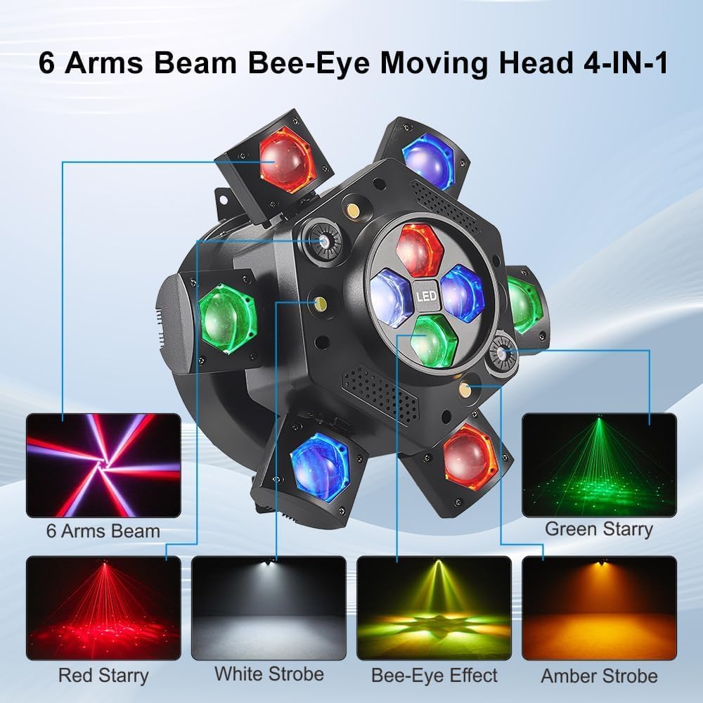 Flashback Events 6-Arm 150W RGBW Bee-Eye Spider DJ Moving Head Light, LED Stage Lighting wDMX512
