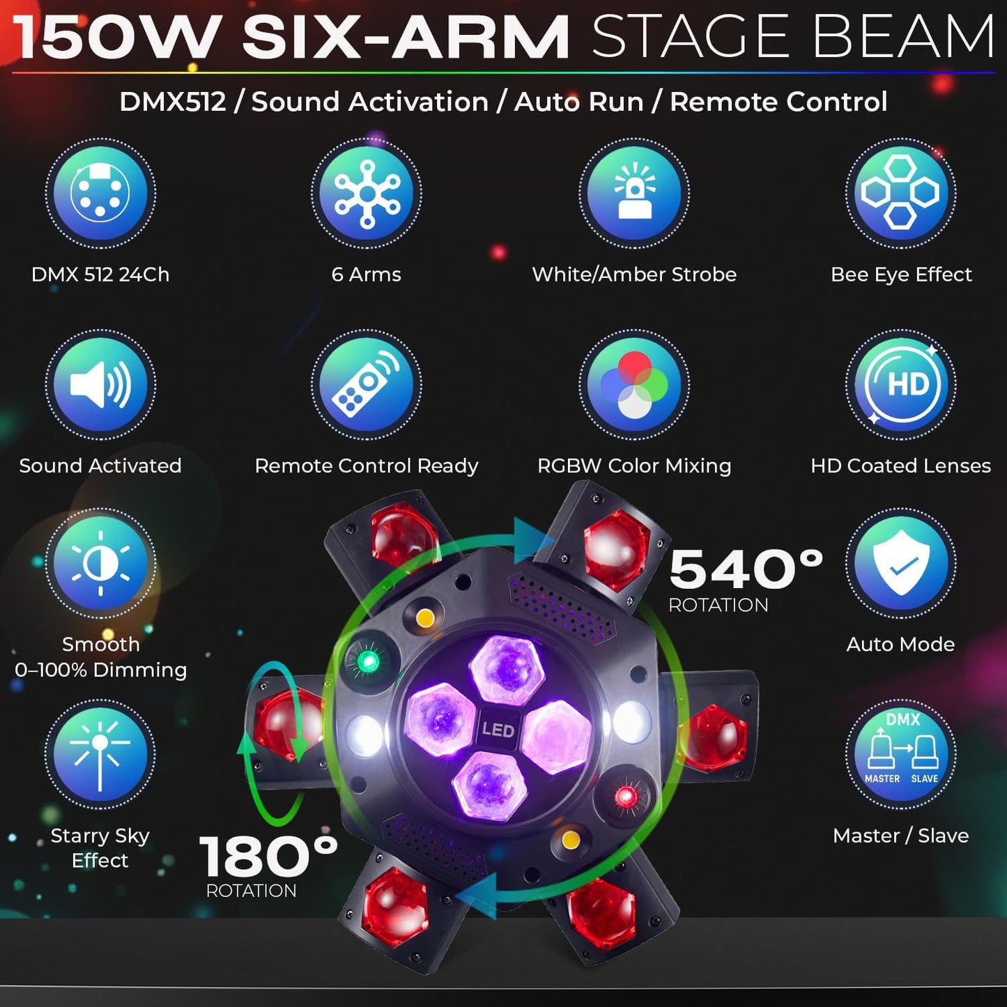 Flashback Events 6-Arm 150W RGBW Bee-Eye Spider DJ Moving Head Light, LED Stage Lighting wDMX512