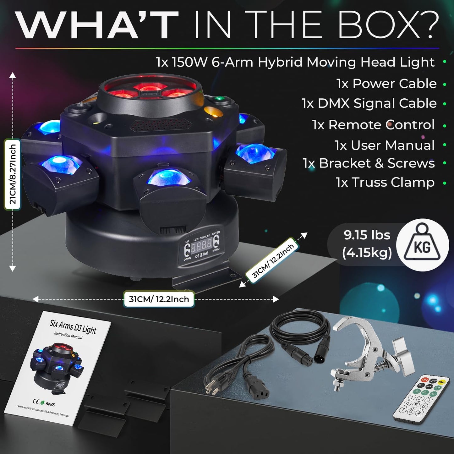 Flashback Events 6-Arm 150W RGBW Bee-Eye Spider DJ Moving Head Light, LED Stage Lighting wDMX512