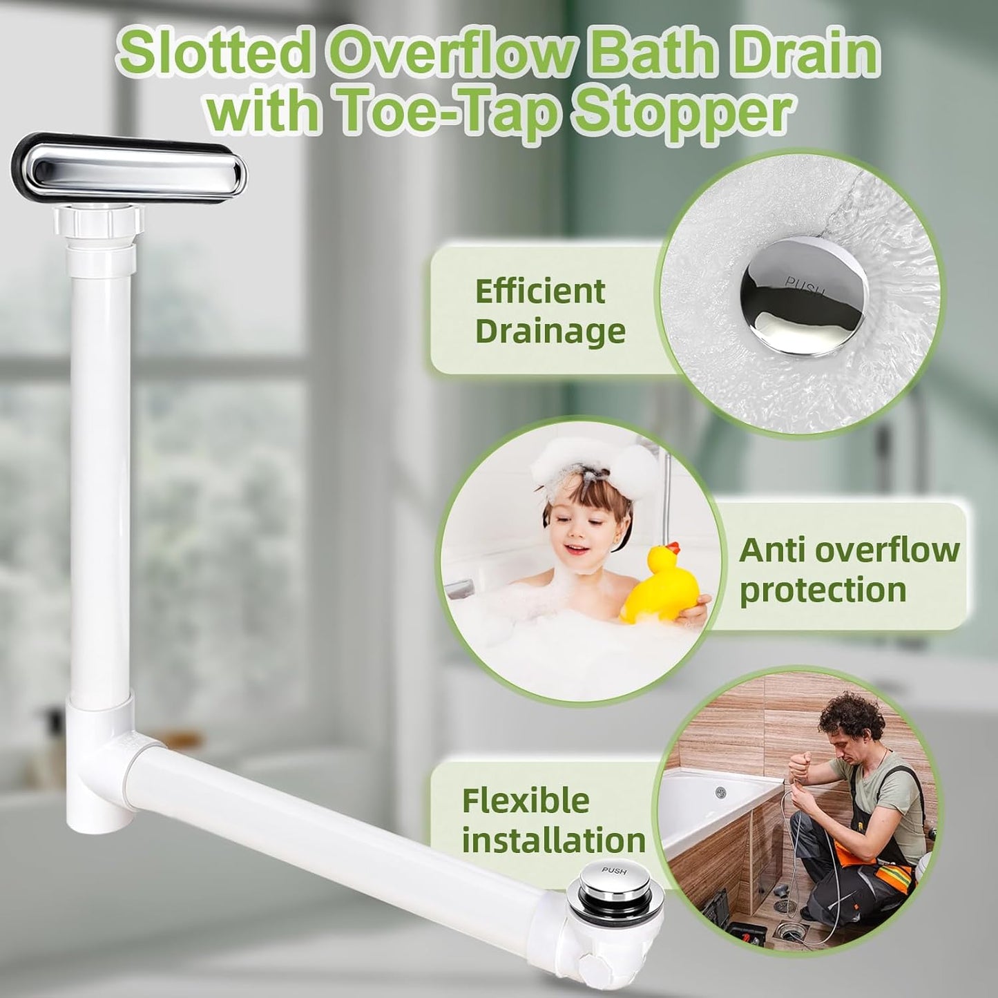 Slotted Overflow Bath Drain w/ Toe-Tap Stopper & Metal Overflow Cover, Compatible with...