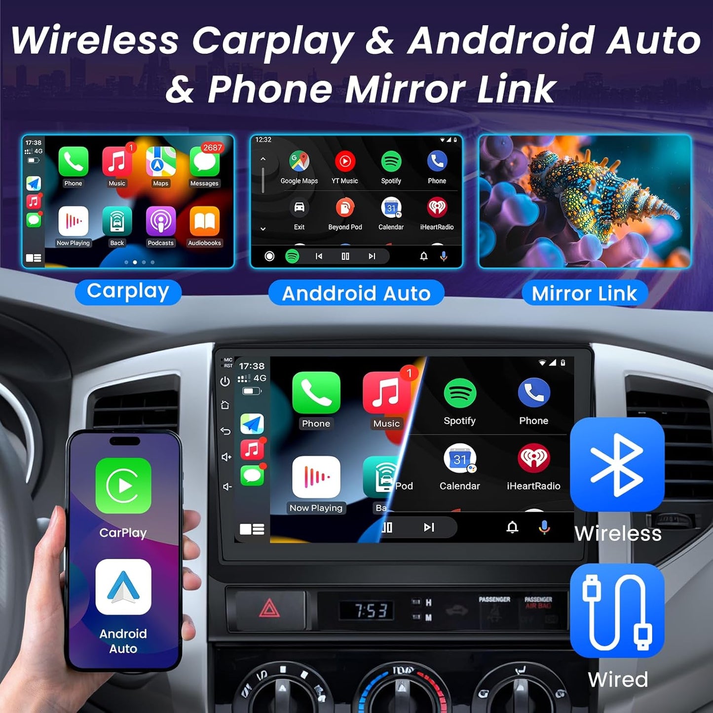 Car Stereo for Toyota Tacoma 2005-2015, Android Head Unit with Wireless CarPlay Android Auto, 2GB/32GB