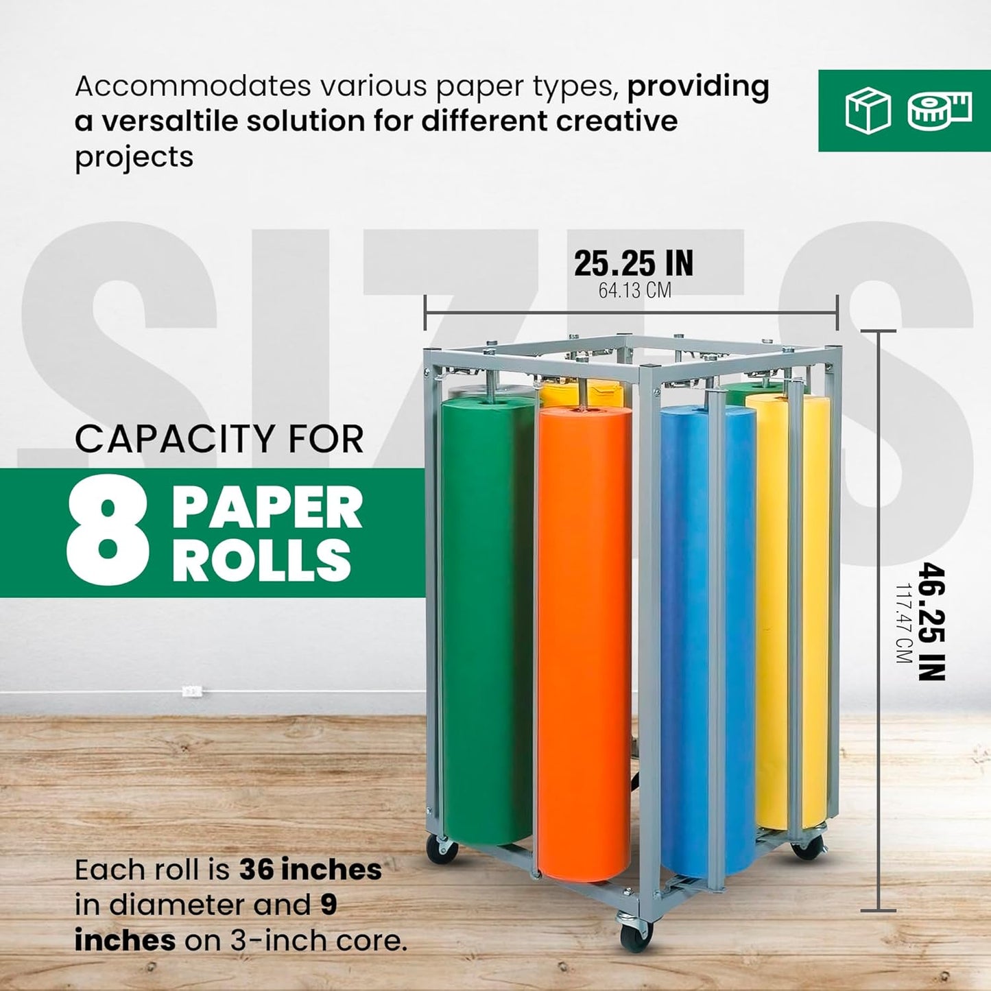 8 Paper Roll Dispenser - 36 Inch Cutter, 8 Butcher Paper Roll & Craft Paper Dispenser