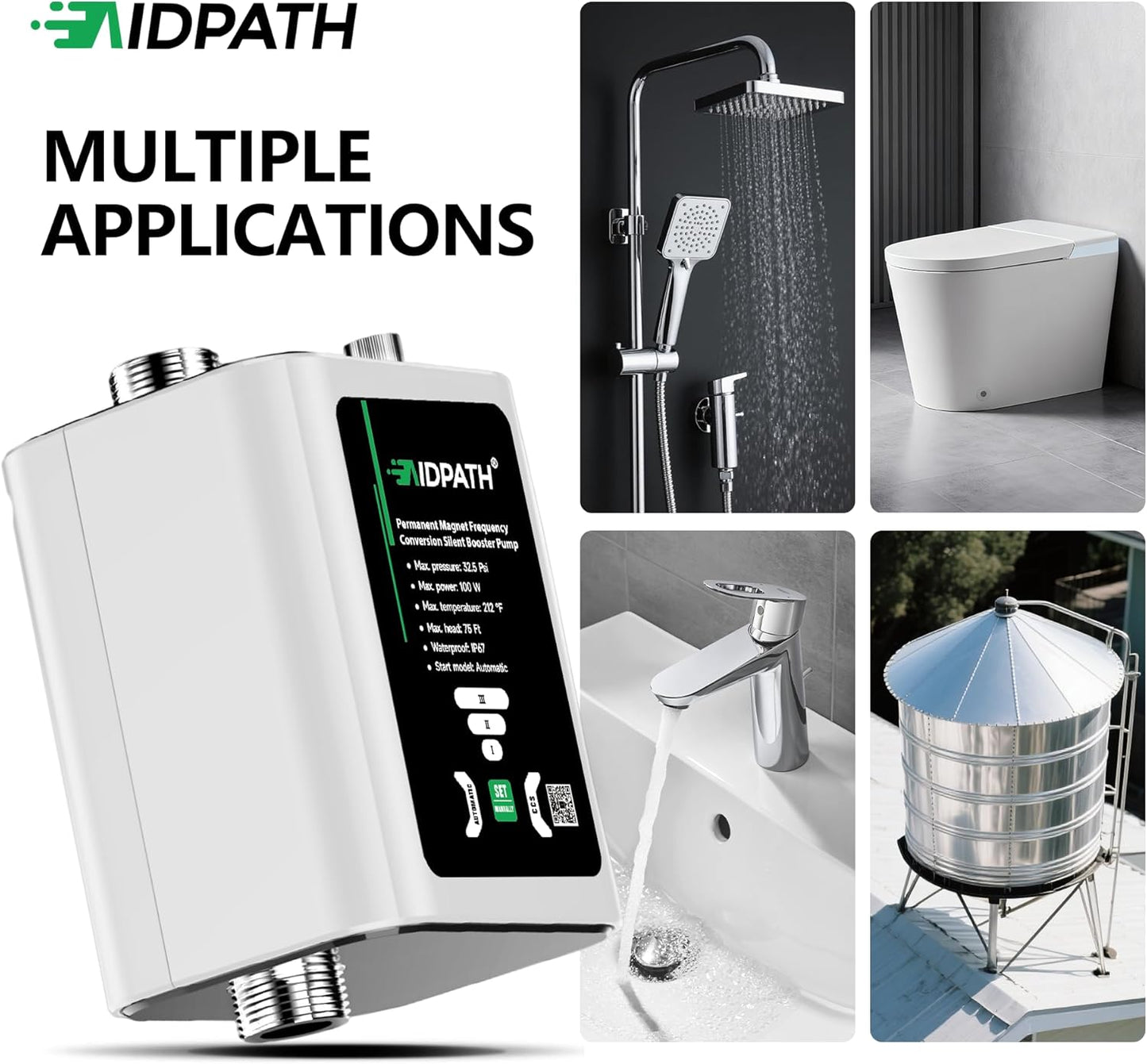 Smart Water Pressure Booster Pump, 475 GPH, 33 PSI, 0.13 HP, 3-Speed Adjustable, CCS Low-Flow Auto Start