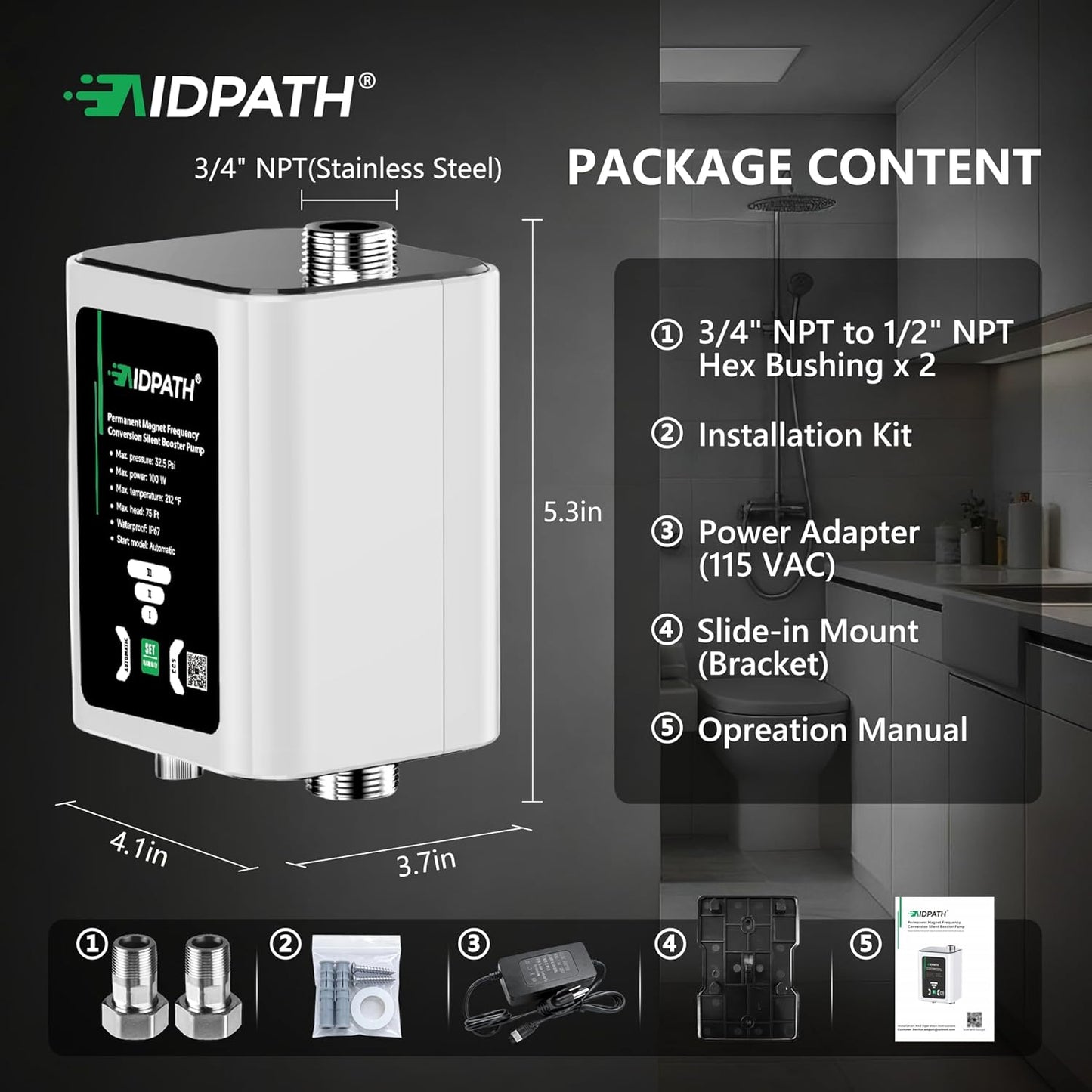 Smart Water Pressure Booster Pump, 475 GPH, 33 PSI, 0.13 HP, 3-Speed Adjustable, CCS Low-Flow Auto Start