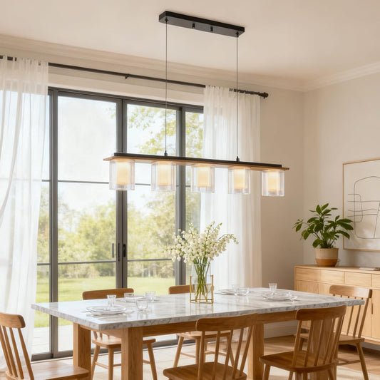 Kitchen Island Lighting, 35-Inch Linear Pendant Light with Double Glass Shades, Matte Black & Wood